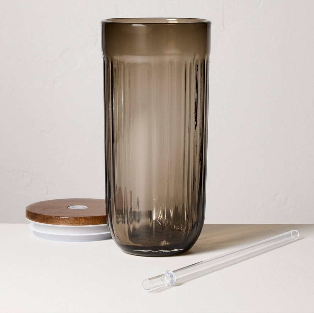 Hearth and Hand Fluted Glass Tumbler Wood Lid Brown 21oz Target Fall - Picture 6 of 10